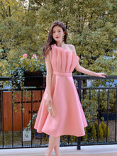 Pleated Asymmetric Long Flare Scuba Dress S / Pink