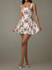Pleated Floral Print Square Neck Mini Dress