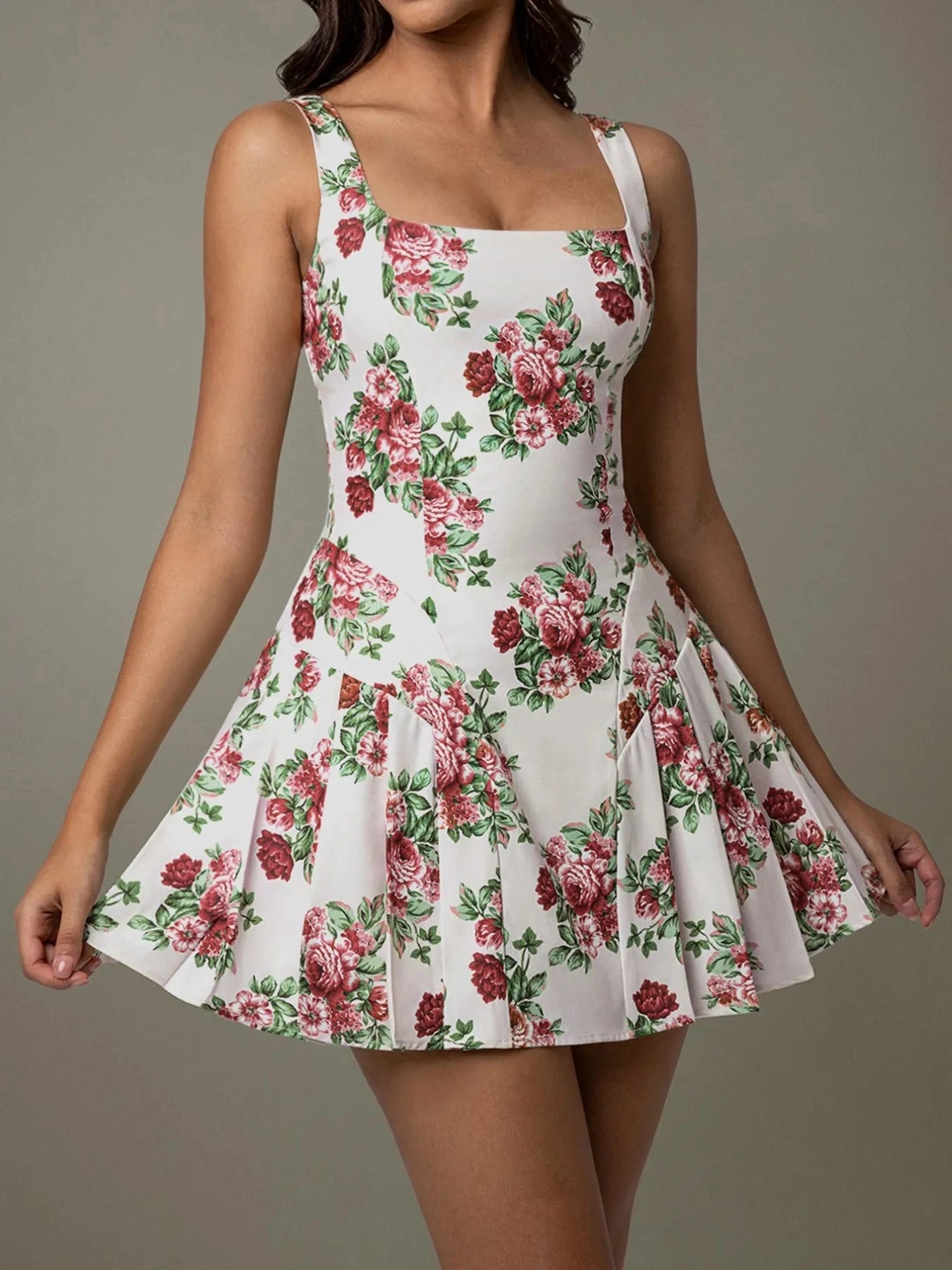 Pleated Floral Print Square Neck Mini Dress Deep Red / S