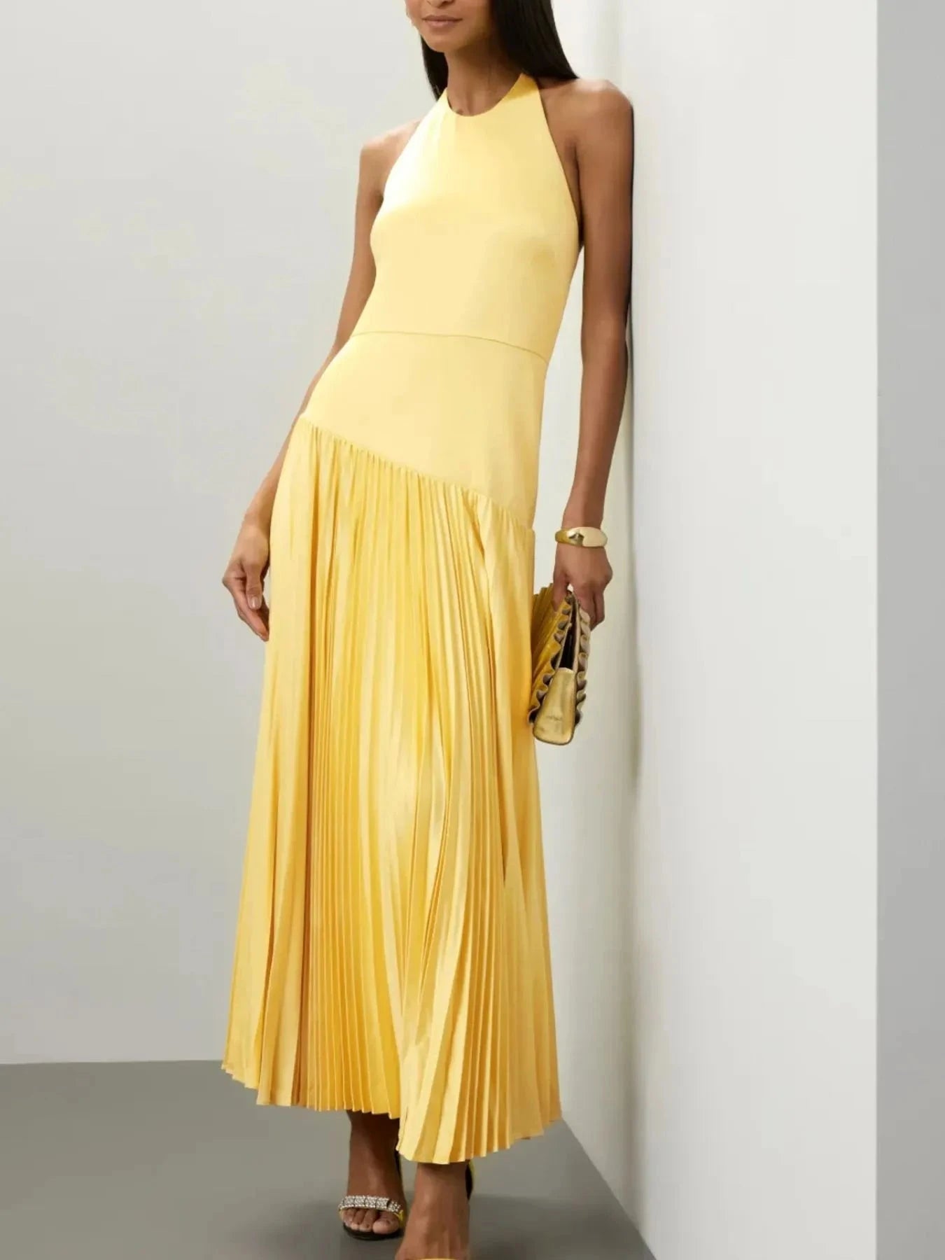 Pleated Halter Neck Maxi Dress