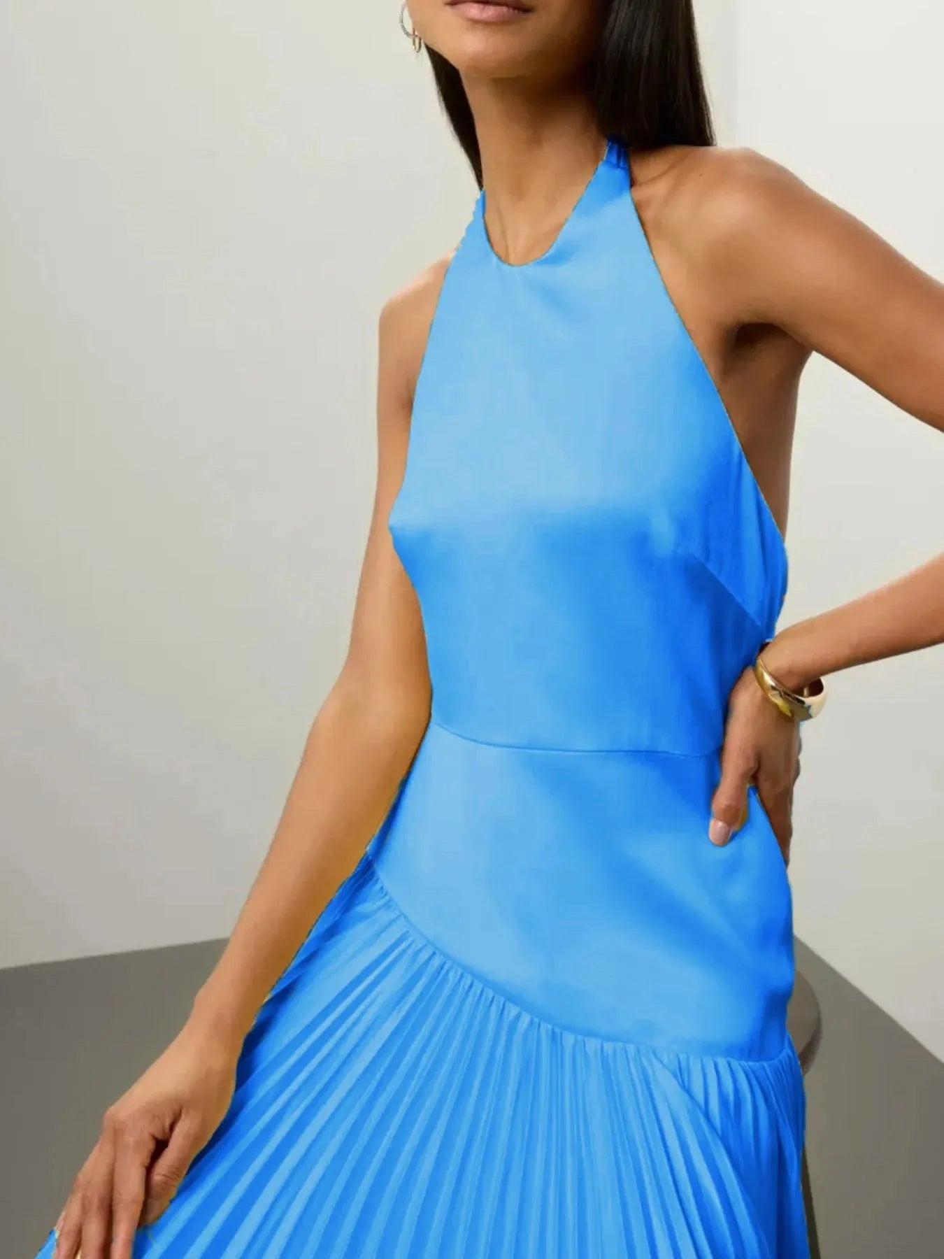 Pleated Halter Neck Maxi Dress