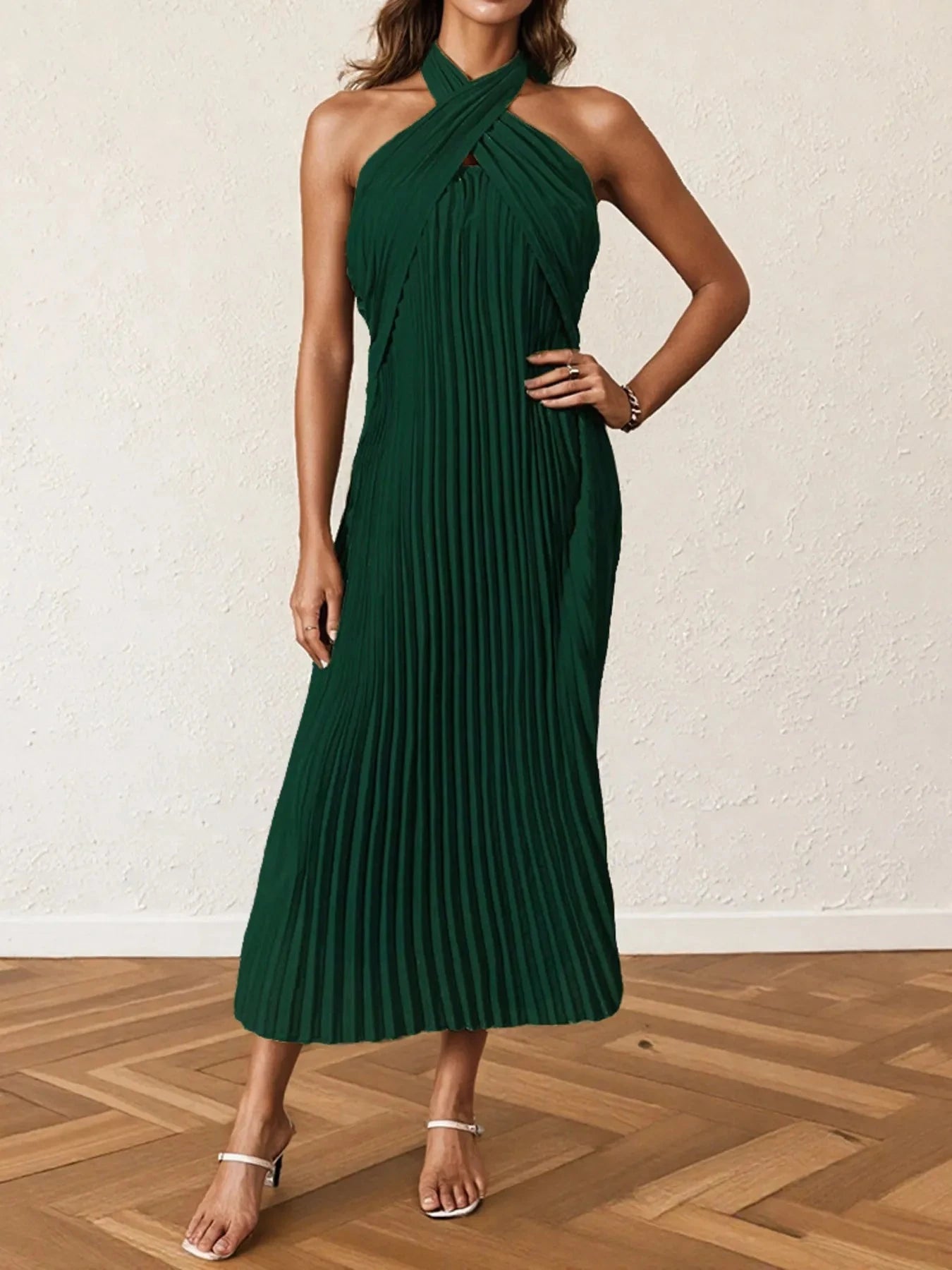 Pleated Halter Neck Midi Dress