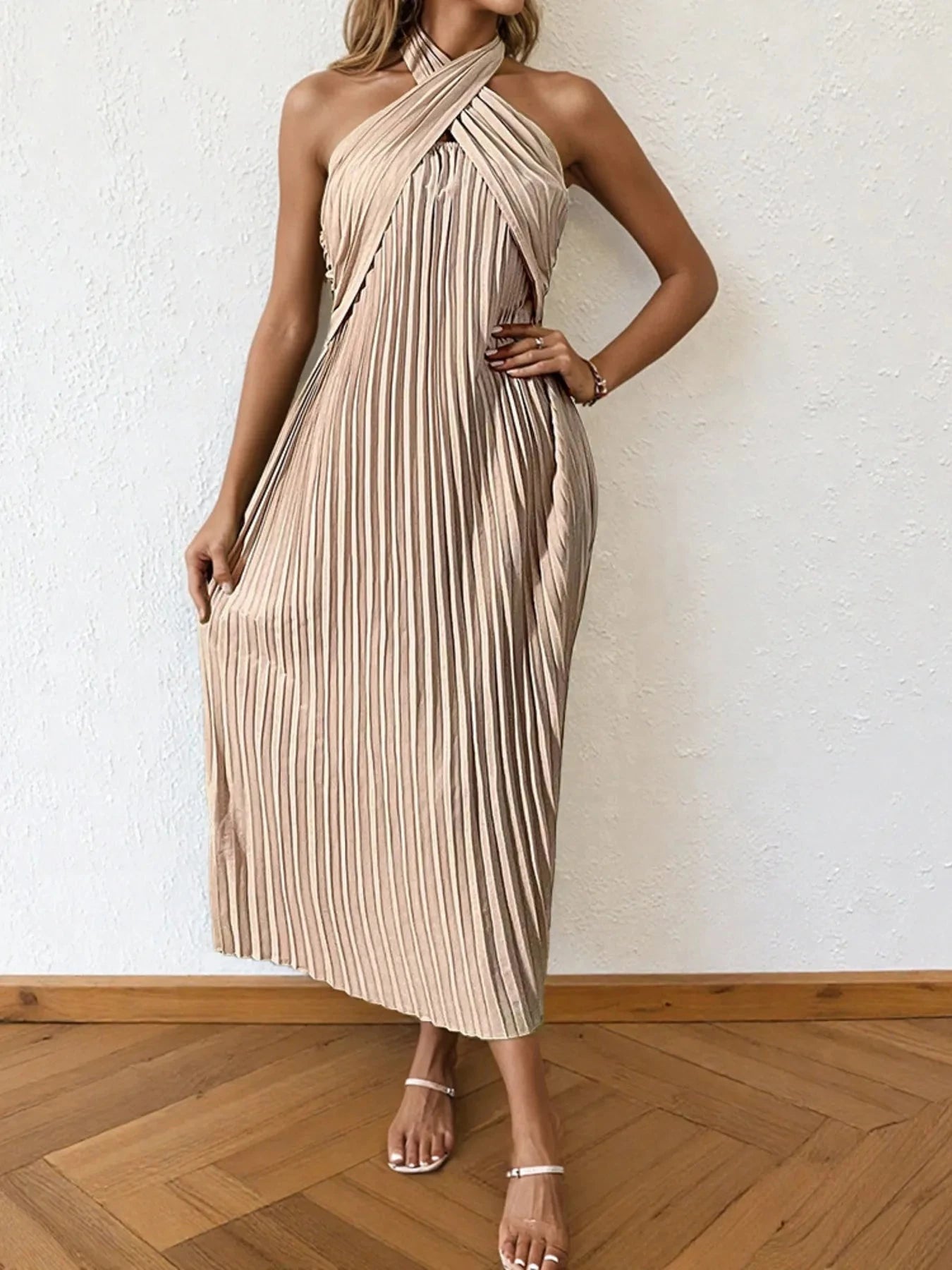 Pleated Halter Neck Midi Dress