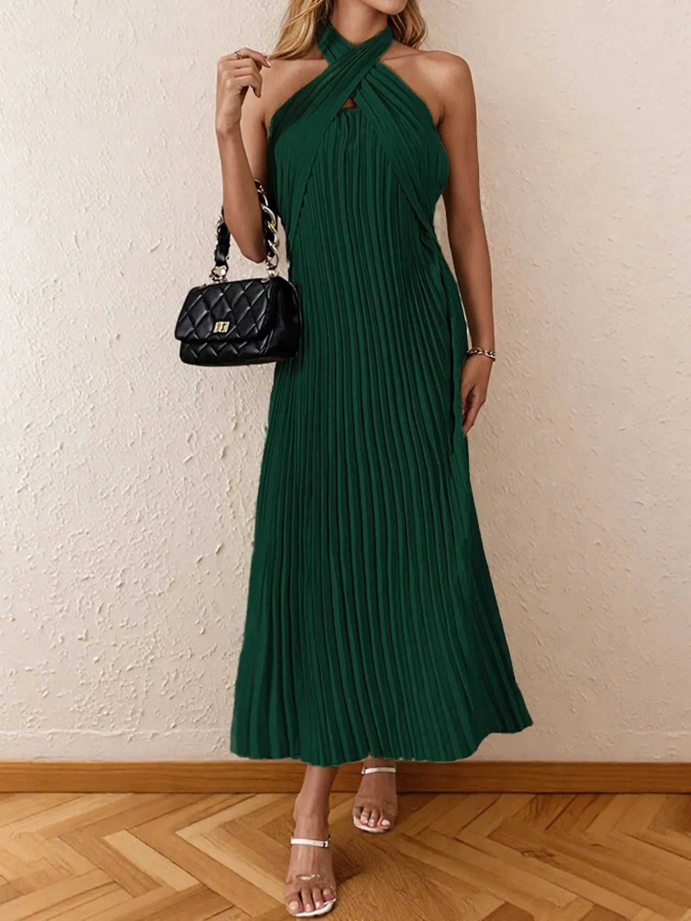 Pleated Halter Neck Midi Dress