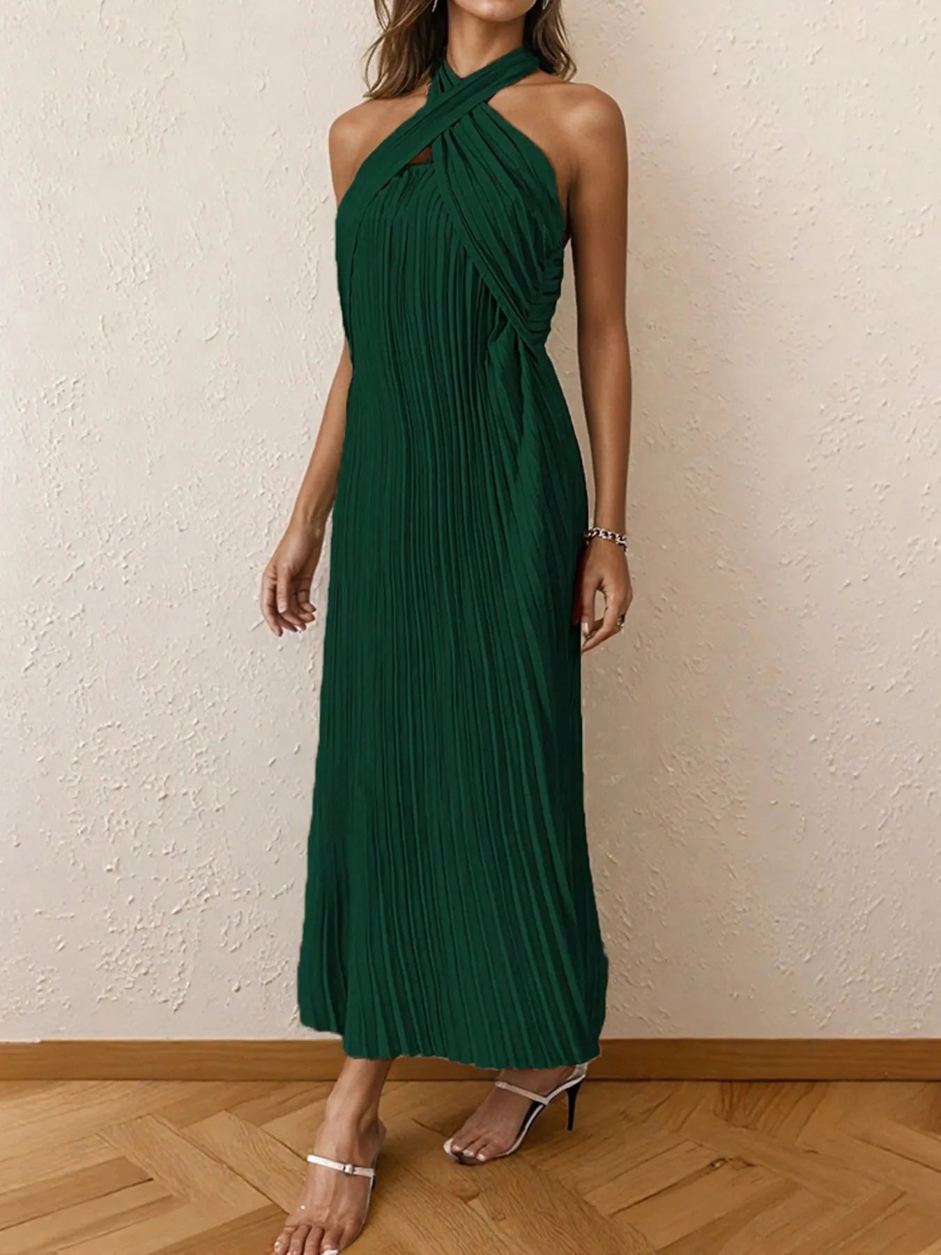 Pleated Halter Neck Midi Dress
