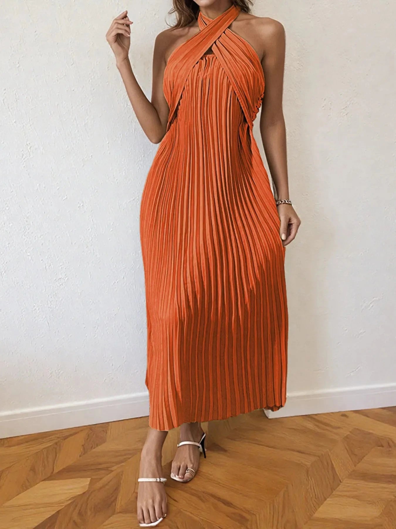 Pleated Halter Neck Midi Dress