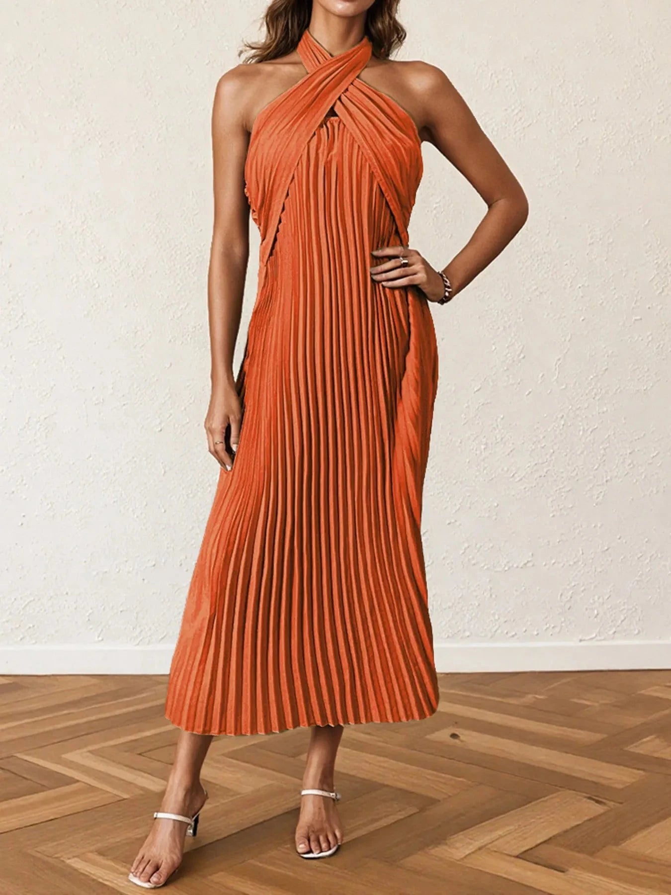 Pleated Halter Neck Midi Dress