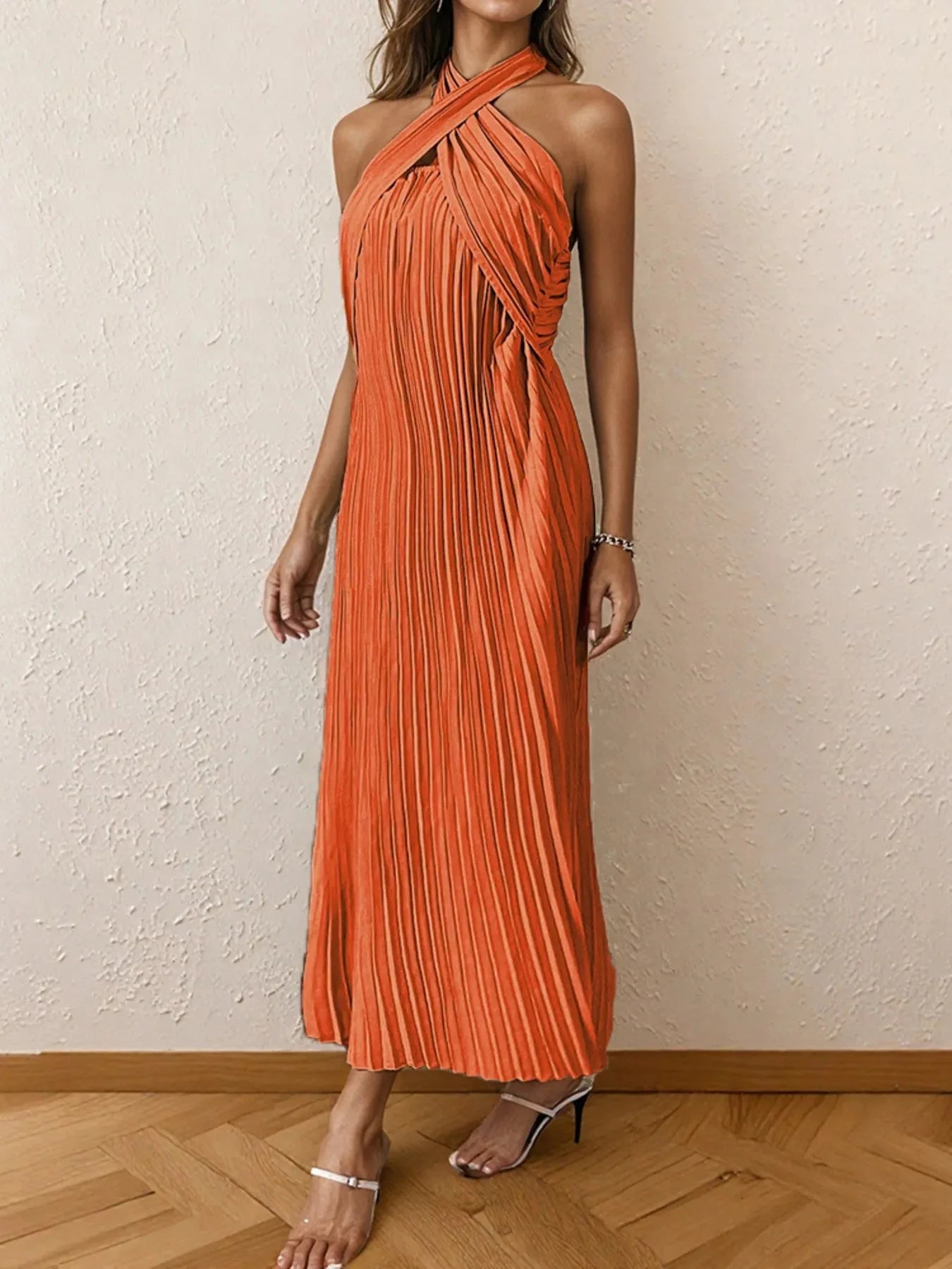 Pleated Halter Neck Midi Dress