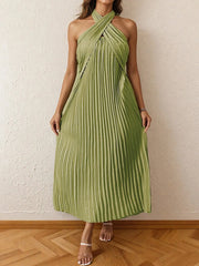 Pleated Halter Neck Midi Dress Matcha Green / XS