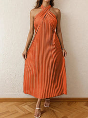 Pleated Halter Neck Midi Dress Orange / XS