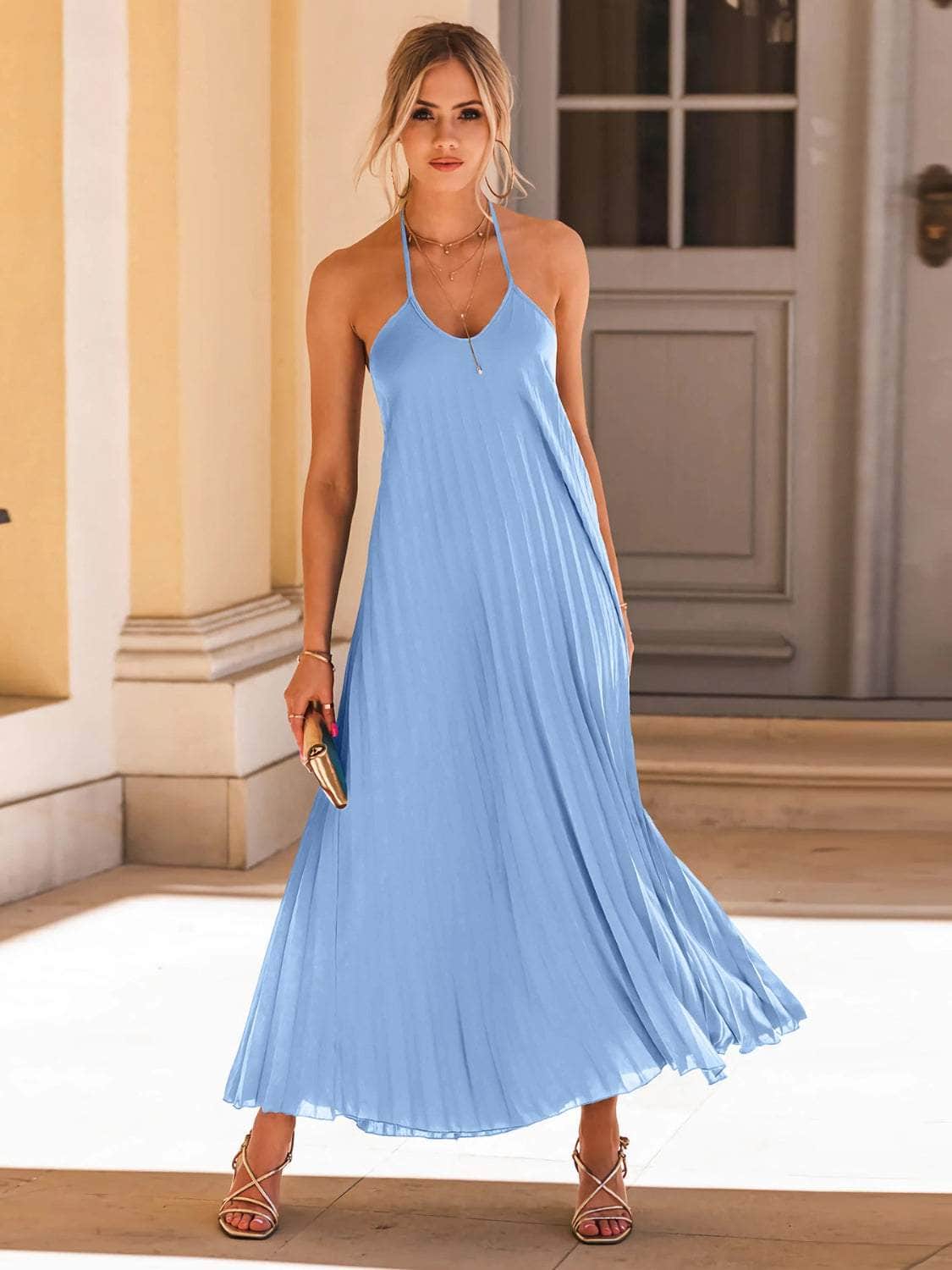Pleated Halter Neck Sleeveless Dress Misty Blue / S