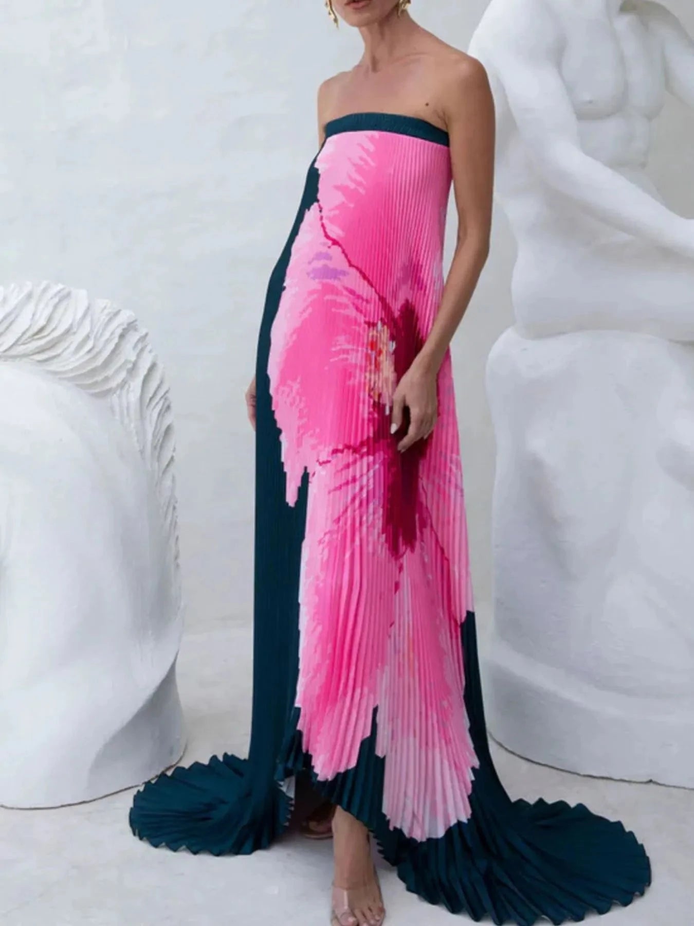 Pleated Printed Tube Floor Length Dress