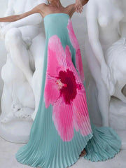 Pleated Printed Tube Floor Length Dress