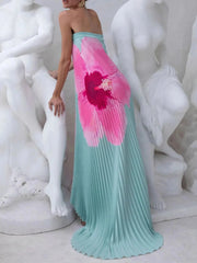Pleated Printed Tube Floor Length Dress