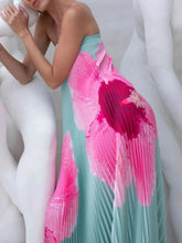 Pleated Printed Tube Floor Length Dress Cyan / S