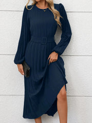 Pleated Round Neck Long Sleeve Dress