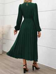 Pleated Round Neck Long Sleeve Dress