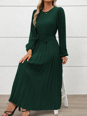 Pleated Round Neck Long Sleeve Dress