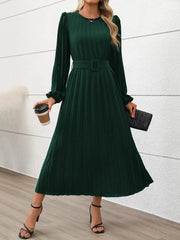 Pleated Round Neck Long Sleeve Dress