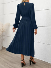 Pleated Round Neck Long Sleeve Dress