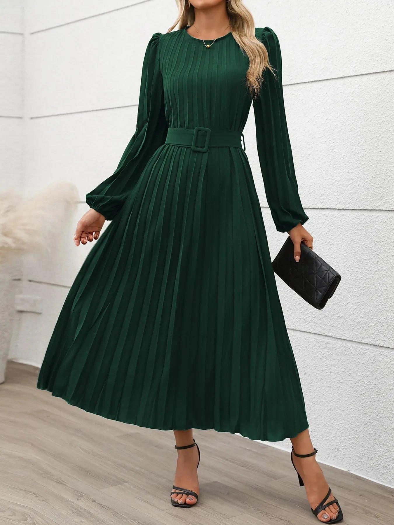 Pleated Round Neck Long Sleeve Dress