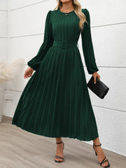 Pleated Round Neck Long Sleeve Dress