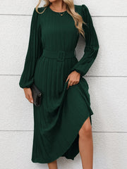 Pleated Round Neck Long Sleeve Dress Dark Green / S