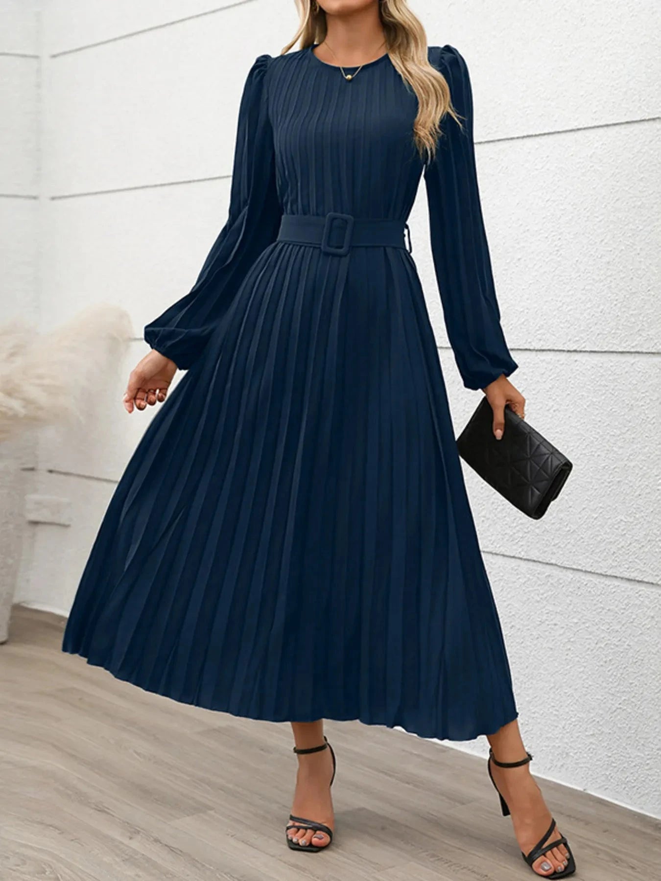 Pleated Round Neck Long Sleeve Dress Navy Blue / S