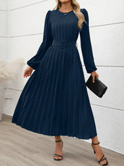 Pleated Round Neck Long Sleeve Dress Navy Blue / S