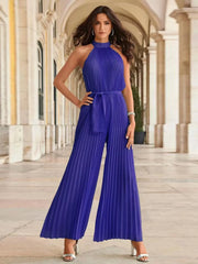Pleated Sleeveless Wide Leg Jumpsuit Blue / S