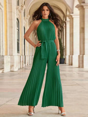 Pleated Sleeveless Wide Leg Jumpsuit Green / S