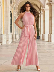 Pleated Sleeveless Wide Leg Jumpsuit Pink / S