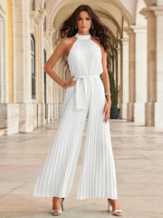Pleated Sleeveless Wide Leg Jumpsuit White / S