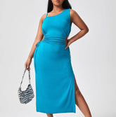 Plus Size Assymetrical Neckline Cut Out Drawstring Side Slit Slimfit Dress US 4-6 / Blue