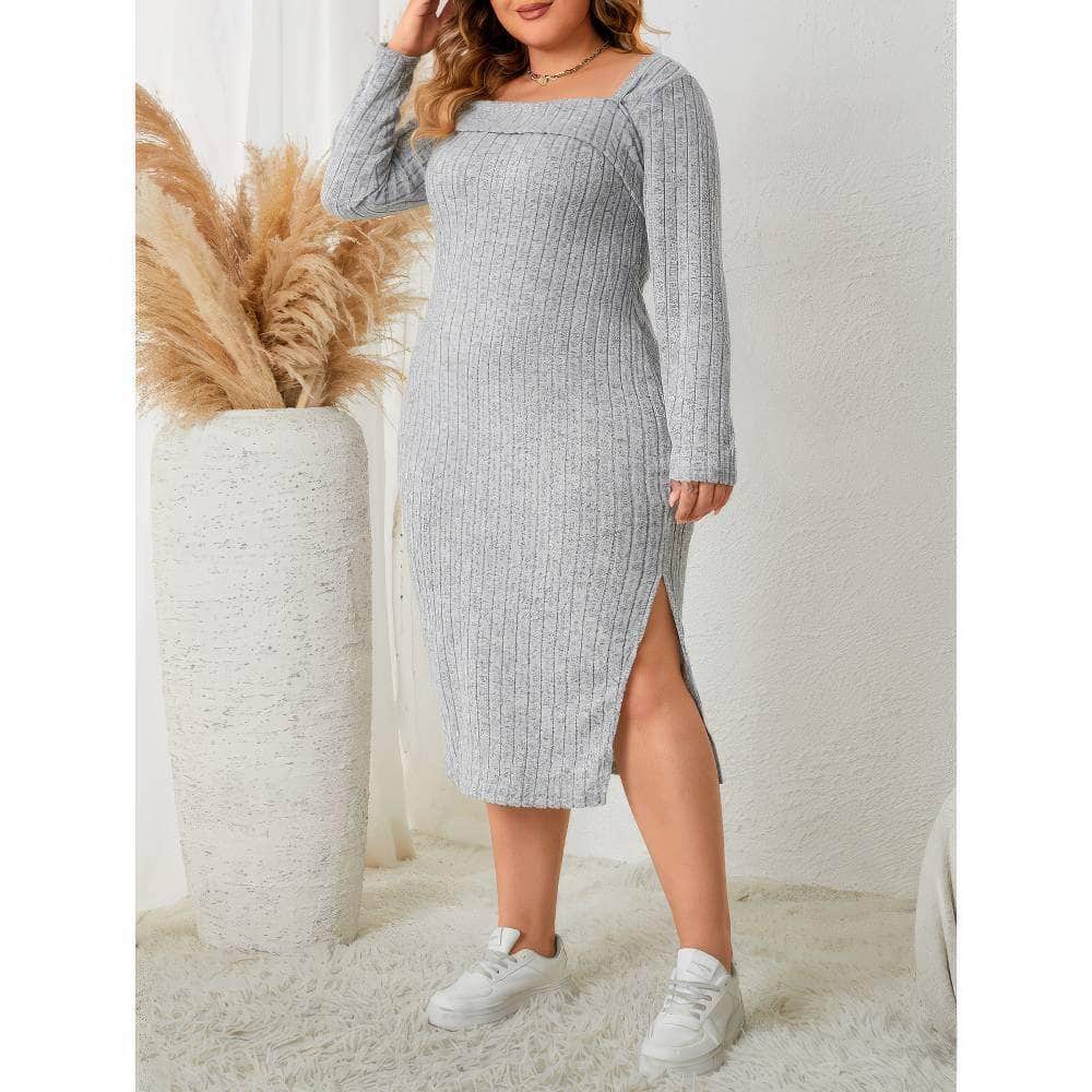Plus Size Asymmetrical Neck Rib Knit Side Slit Dress