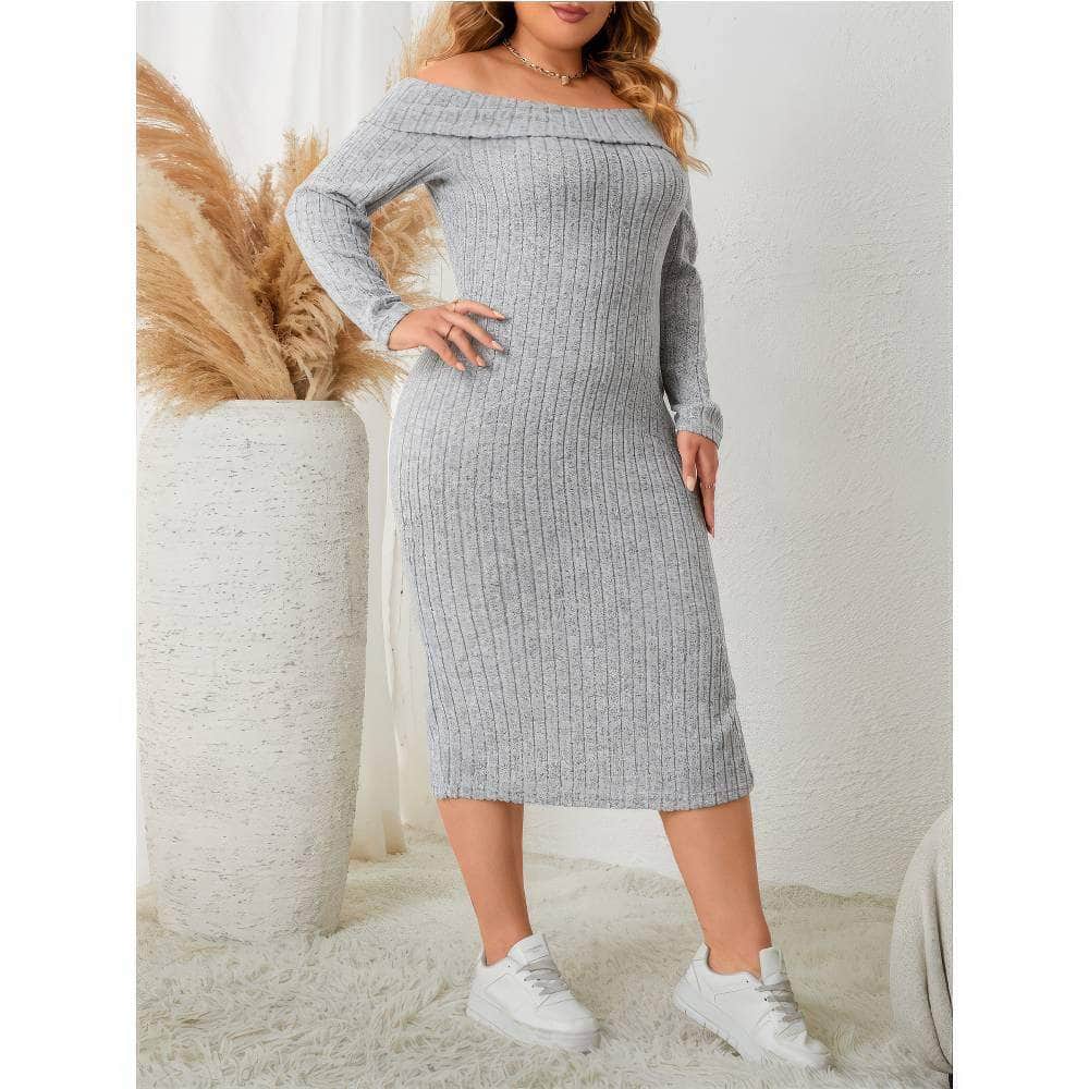 Plus Size Asymmetrical Neck Rib Knit Side Slit Dress