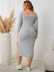 Plus Size Asymmetrical Neck Rib Knit Side Slit Dress