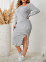 Plus Size Asymmetrical Neck Rib Knit Side Slit Dress US 16-18 / LightGray