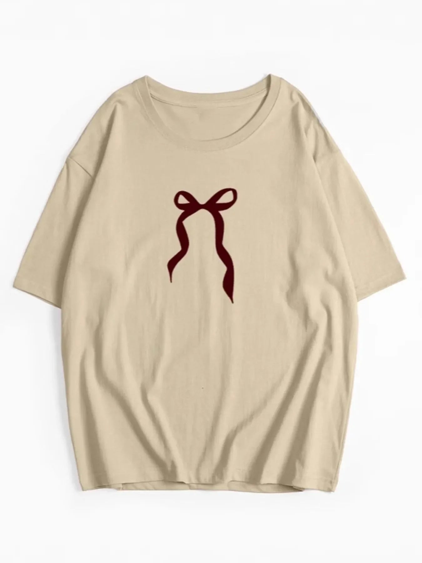 Plus Size Bow Round Neck Short Sleeve T-Shirt Khaki / M