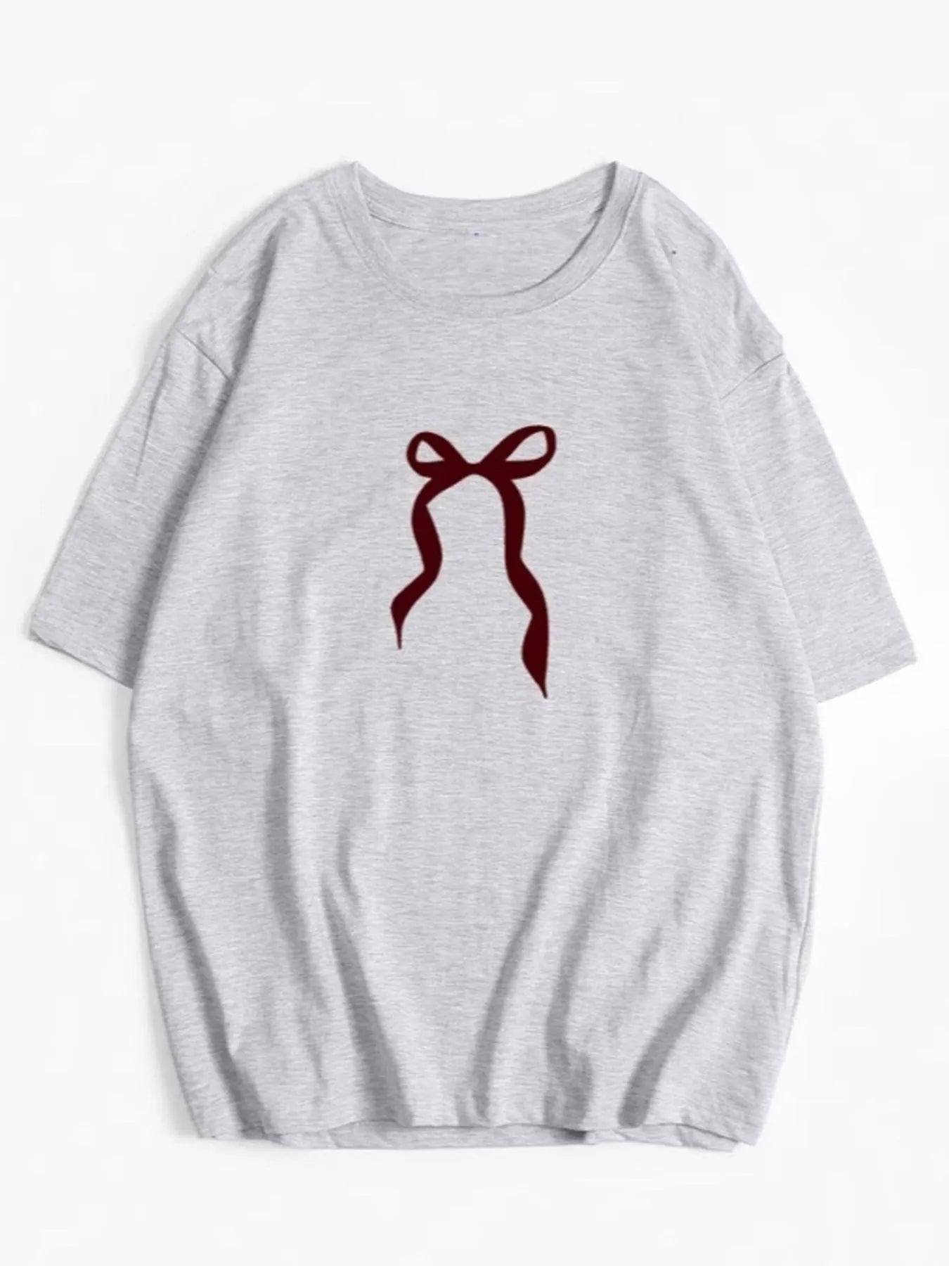 Plus Size Bow Round Neck Short Sleeve T-Shirt Light Gray / M