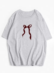 Plus Size Bow Round Neck Short Sleeve T-Shirt Light Gray / M