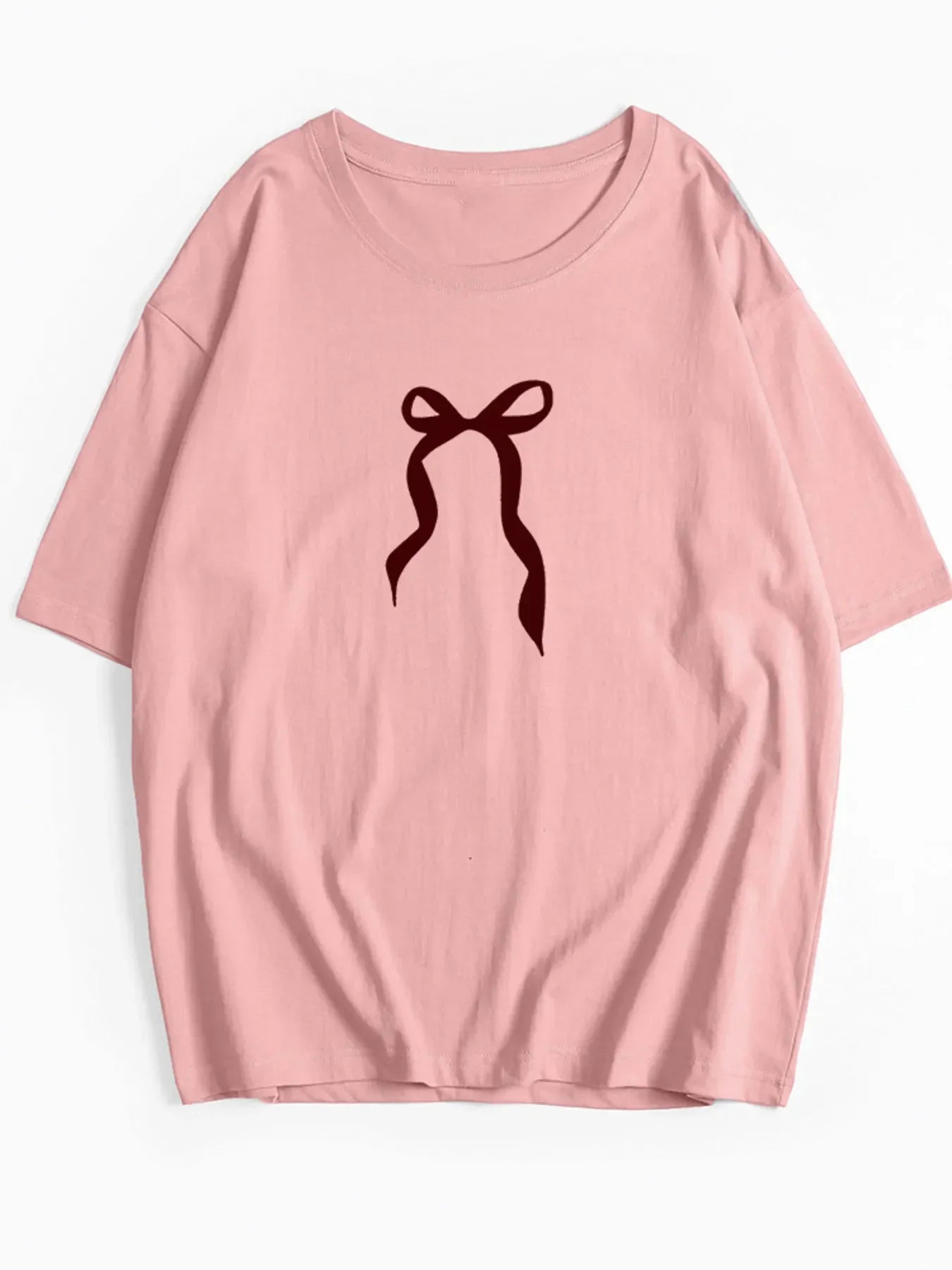Plus Size Bow Round Neck Short Sleeve T-Shirt Pink / M