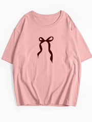 Plus Size Bow Round Neck Short Sleeve T-Shirt Pink / M