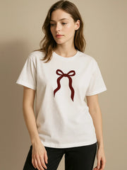 Plus Size Bow Round Neck Short Sleeve T-Shirt White / M