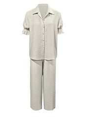 Plus Size Button-Down Shirt and Wide-Leg Pants Set