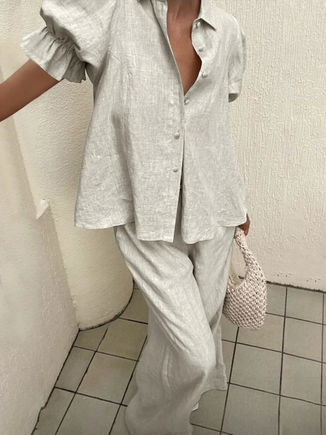 Plus Size Button-Down Shirt and Wide-Leg Pants Set Light Gray / 1XL