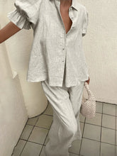 Plus Size Button-Down Shirt and Wide-Leg Pants Set Light Gray / 1XL