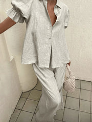 Plus Size Button-Down Shirt and Wide-Leg Pants Set Light Gray / 1XL