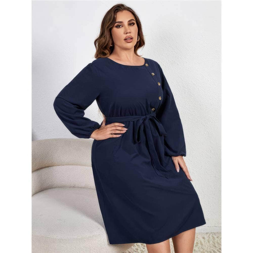 Plus Size Buttoned Detail Tie Waist A-line Dress