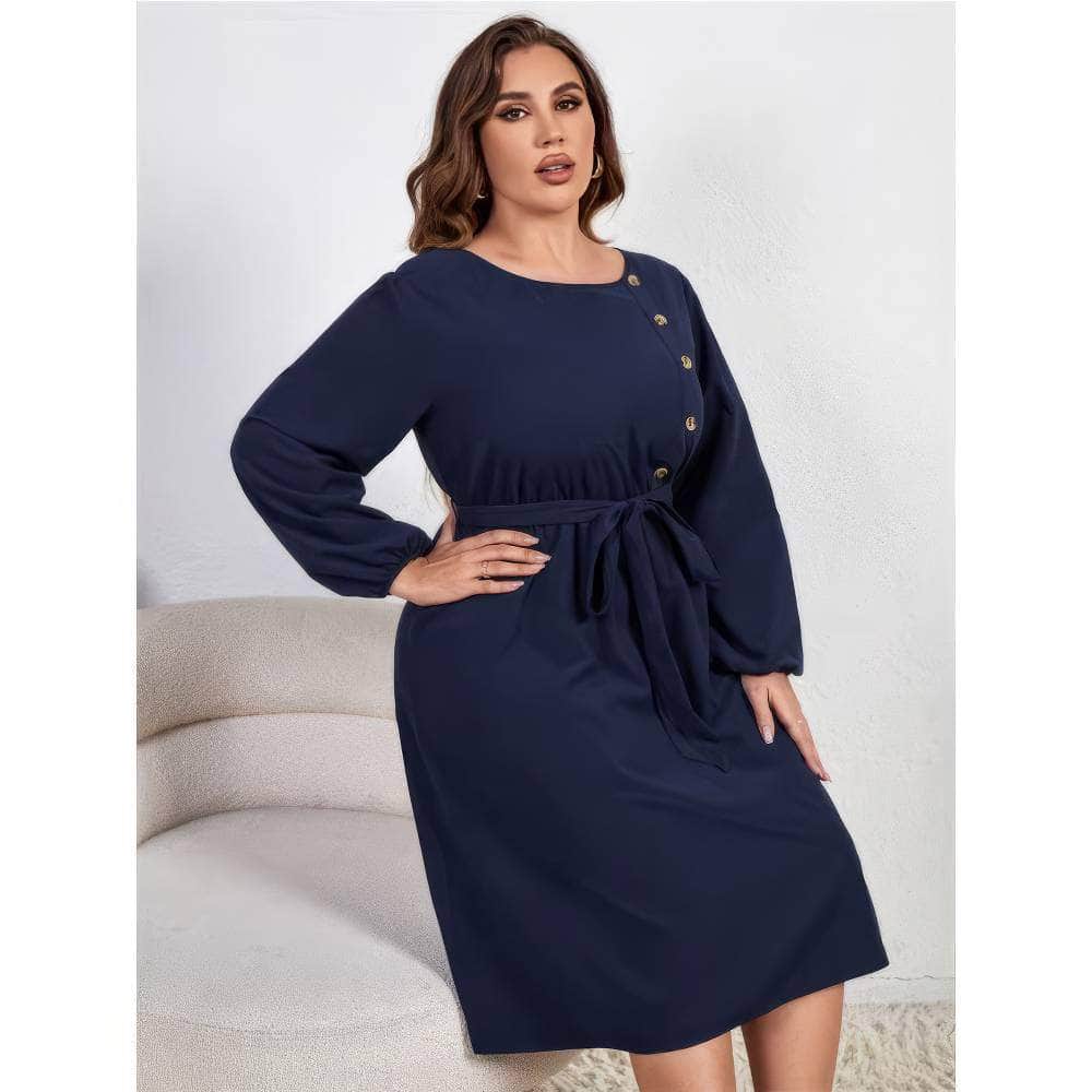 Plus Size Buttoned Detail Tie Waist A-line Dress